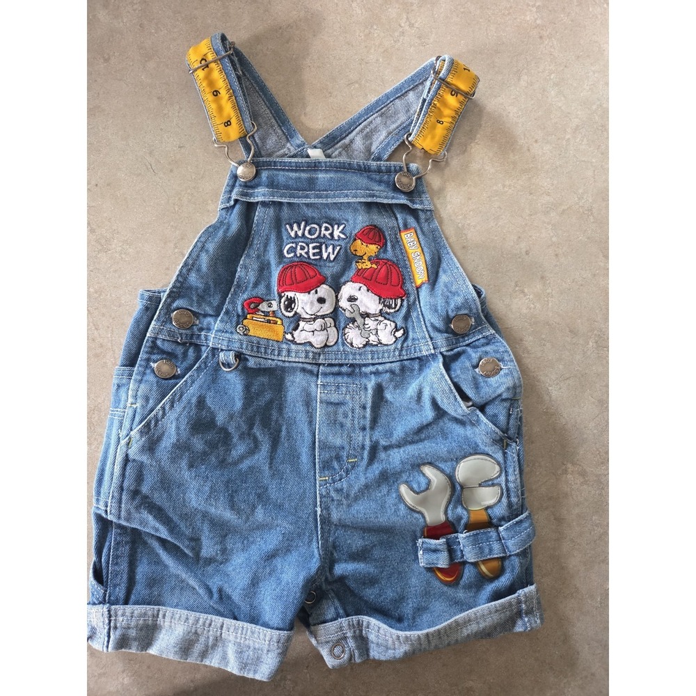 VTG 90s Snoopy "Work Crew" Denim Overalls Baby 18M Peanuts Carpenter